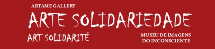 Fundo vermelho, texto "Artame Gallery" no topo. COm deatque, no meio, o texto "Arte Solidariedade". Abaixo, à esquerda, o texto "Art Solidarité". à direita, "Museu de imagens do inconsciente"