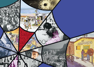 Identidade visual da Mostra Sociedade Viva. A figura que se v&ecirc; remete ao formato de uma teia de aranha, por&eacute;m, em cada pequena fra&ccedil;&atilde;o do todo, h&aacute; fragmentos de pain&eacute;is da mostra.