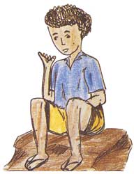 Ilustração em cores de um menino sentado em uma pedra, olhando para a própria mão. Nota-se uma feição de tristeza em seu rosto.