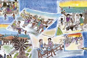 Este desenho em cores mostra duas cenas. No canto superior esquerdo, crianças reunidas embaixo de uma árvore, prestam atenção ao que um adulto fala. No centro da ilustração, como se fosse uma página na diagonal, nota-se cena de crianças desenhando sobre papel, sentadas no chão, enquanto outro grupo infantil interage ao ar livre. 