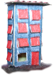 Imagem de pequena escultura de um prédio de quatro pavimentos com telha no alto, paredes azuis e janelas vermelhas.