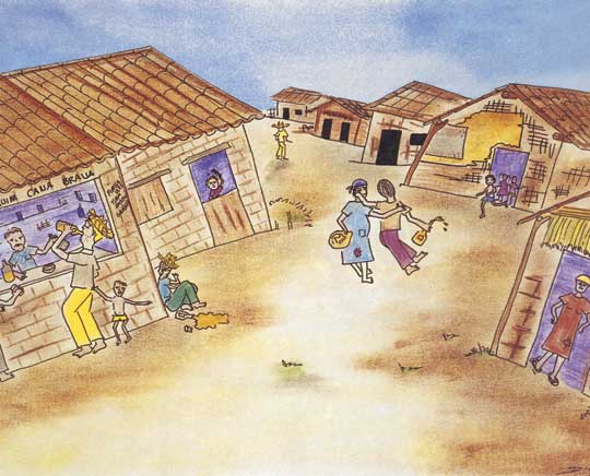 Neste desenho em cores é mostrada cena comum em local pobre. À esquerda, vê-se espécie de bar onde um homem bebe diretamente na garrafa. Ao lado dele, nota-se uma criança. Encostado nesse estabelecimento, sentado ao chão, outro homem tem uma garrafa ao seu lado, caída e com o líquido espalhado. Ao fundo veem-se mais casas simples e algumas pessoas. À direita, nota-se mulher tentando ajudar homem a andar. Observa-se que os pés dele não se fixam no solo e que o líquido da garrafa que leva na mão está derramando. Ainda à direita, observam-se mais casas, uma ao lado da outra, além de adultos e crianças. 