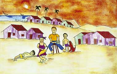 A cena mostrada neste desenho colorido é formada por um homem deitado no chão, uma mulher sentada e outro homem sentado ao lado de um menino. Ao fundo, notam-se algumas casas modestas próximas a outras. Ao fundo, percebem-se também três palmeiras.