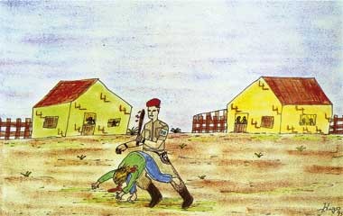 O desenho revela homem uniformizado como policial agredindo outro rapaz. Ao fundo, notam-se duas casas amarelas muito simples. A parte superior da imagem é formada pelo céu azul.