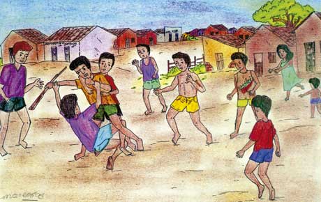 A cena retratada neste desenho colorido mostra jovens rapazes aproximando-se de dois deles que brigam entre si. Notam-se também uma criança e uma mulher que corre em direção ao combate. Ao fundo, veem-se casas simples, lado a lado.