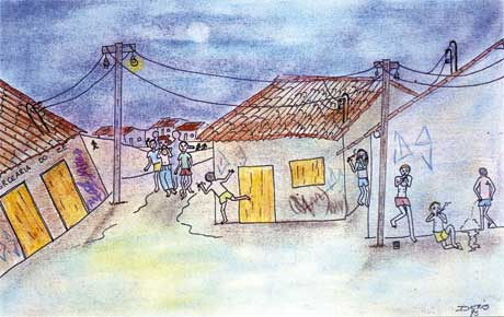 Neste desenho em cores, jovens são mostrados usando drogas encostados a algumas casas simples que compõem o local humilde retratado. Notam-se também pessoas caminhando na rua sem perceber o que os adolescentes estão fazendo.