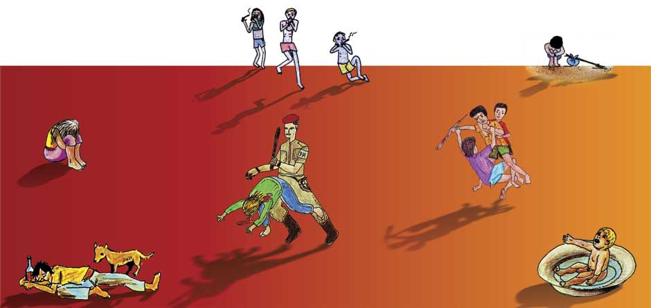 Um grande desenho em cores mostra, à esquerda, um homem deitado no chão, agarrado a uma garrafa e ao lado de um cachorro. Vê-se também uma menina sentada, com a cabeça entre os joelhos, que estão dobrados. No centro, um policial empurra uma pessoa e, ao fundo, há três indivíduos fumando. Já no lado direito da imagem, observam-se meninos brigando, uma criança dentro de uma bacia com água e outra pessoa agachada no chão com a cabeça entre os joelhos que se encontram flexionados.