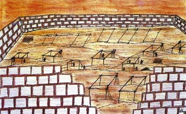 Desenho em cores de um terreno murado com tijolos aparentes. Na frente da parede, vê-se uma abertura e, dentro do espaço, estruturas de casas ainda em construção.