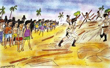 Desenho em cores revela, à esquerda, crianças em pé olhando para policiais, à direita, que jogam pedaços de madeira no chão. Ao fundo notam-se algumas palmeiras.