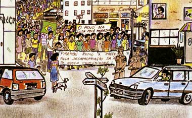 A cena representada neste desenho em cores mostra, à esquerda, a traseira de um carro parado na rua. Em pé, ao lado do veículo, vê-se uma mulher com o cachorro na coleira. Ela olha para o carro logo atrás do anterior, onde se encontra um motorista. Do lado de fora, em pé, notam-se dois policiais e, ao fundo, entre os prédios, uma multidão com faixas e cartazes.