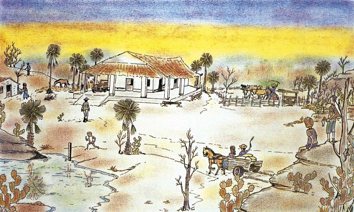 Este desenho mostra cenário típico da vegetação caatinga, assim como o solo ressecado. Notam-se uma carroça puxada por cavalo, pessoas caminhando em direção a algumas casas que compõem a localidade. Ao fundo, o céu mesclado de azul e amarelo.