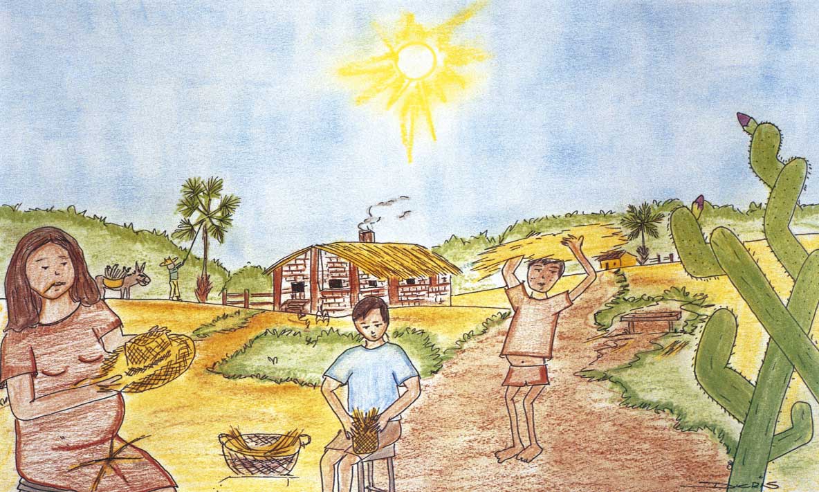 Neste desenho, veem-se uma mulher e um menino sentados, além de outro garoto carregando um volume sobre a cabeça. À direita, nota-se um cacto e, ao fundo, uma pequena casa contorna pela vegetação, o céu azul e o sol logo acima.