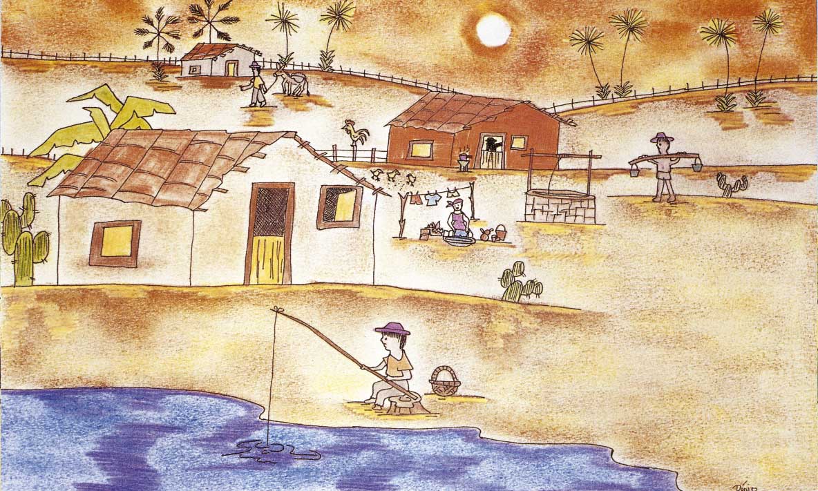 Este desenho em cores mostra cenário de uma comunidade. Ao centro e à esquerda, nota-se uma casa simples à beira de um lago ou mar, onde um homem está pescando. Mais ao fundo, percebem-se outras duas casas, roupas estendidas no varal, um poço, algumas pessoas, palmeiras e o sol intenso.