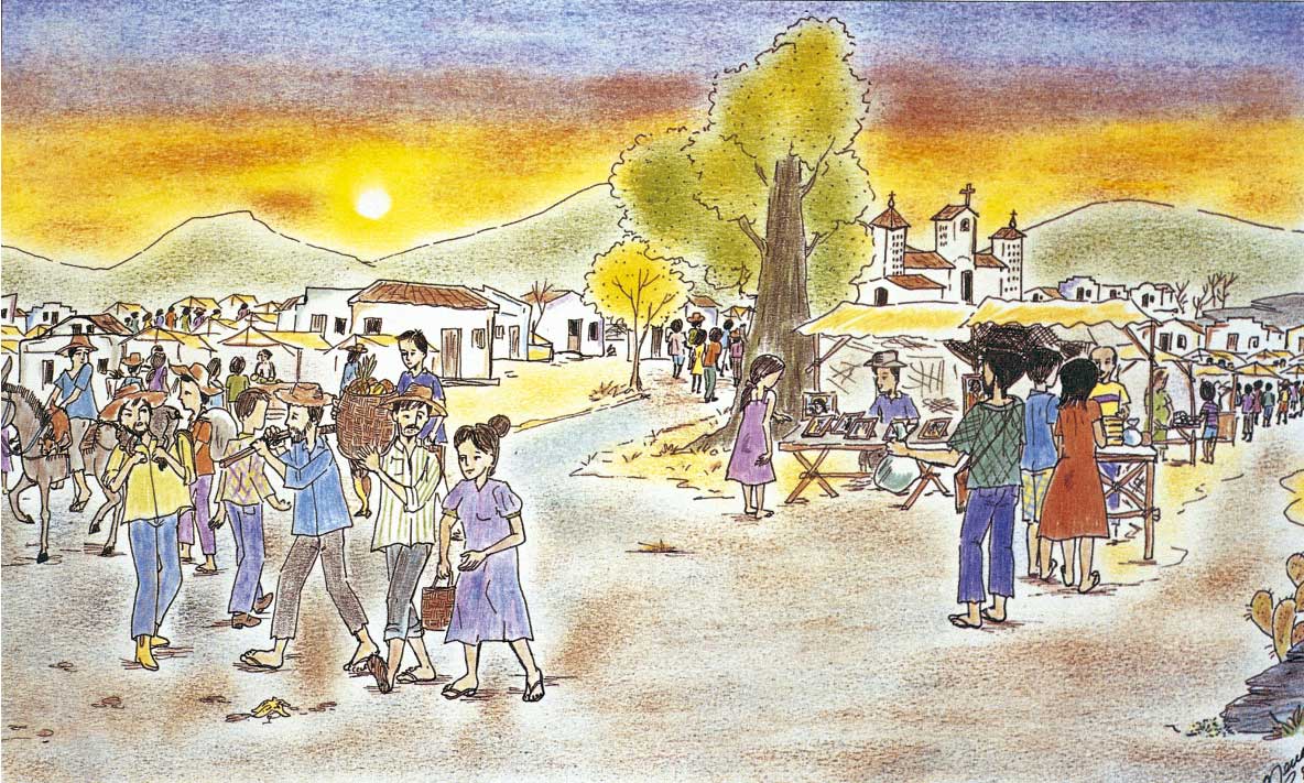 Este desenho em cores revela várias pessoas transitando, vendendo e comprando em uma espécie de feira ao ar livre em uma pequena cidade. No centro, notam-se uma grande árvore e, mais ao fundo, tanto à esquerda quanto à direita, muitas casas, além de uma igreja. 