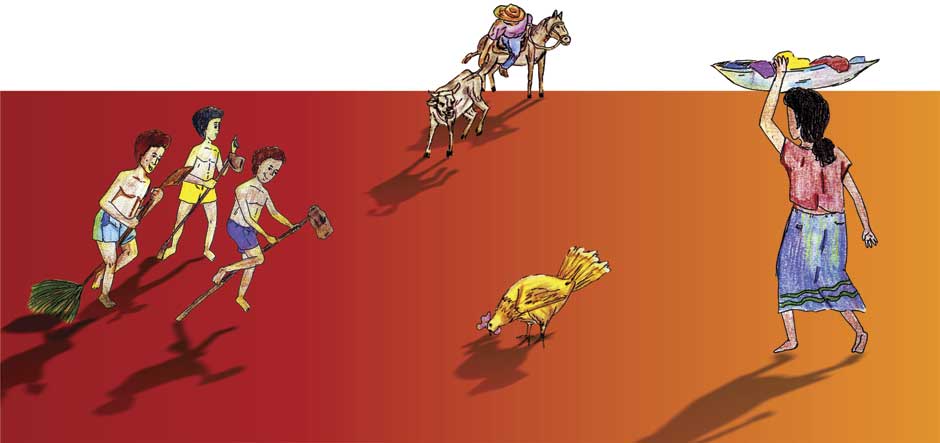 Este desenho em cores mostra três meninos à esquerda brincando com cavalos de pau, feito com aparentes cabos de vassoura. Em frente a eles, vê-se uma galinha procurando alimento no chão, além de homem montado em cavalo. À direita, nota-se mulher equilibrando bacia cheia de roupas na cabeça.