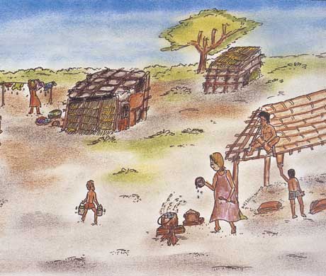 Neste desenho em cores é mostrada cena de local e pessoas pobres. À esquerda, vê-se mulher estendendo roupas em varal improvisado, ao lado de uma singela casa. Além dessa, notam-se outras moradias, uma delas ainda em construção. As pessoas retratadas são duas crianças, um homem e uma mulher. Todos trabalhando, seja carregando água, fazendo comida ou construindo. 
