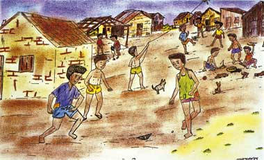 O desenho em cores revela cena em que crianças brincam no chão ao longo de um bairro ou vila. Notam-se casas pequenas, próximas umas às outras; todas de aparência modesta.