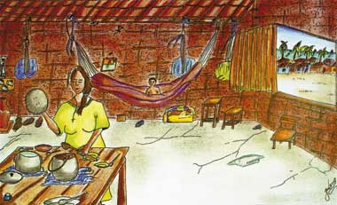 Neste desenho em cores, observa-se o interior de uma casa bastante modesta. As paredes são de tijolos aparentes e sem pintura. Não há cama, mas uma rede onde se encontra uma criança. Também nota-se a ausência de móveis ou eletrodomésticos. Percebe-se apenas uma mesa onde se veem panelas manuseadas por uma mulher. Pela janela, à extrema direita, constata-se a paisagem de outras pequenas casas e algumas palmeiras.