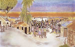 Neste desenho em cores vê-se um grupo de pessoas aglomeradas em meio a casas pequenas e simples. Notam-se também coqueiros e uma árvore com a copa mais cheia no local. 