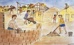 Este desenho colorido revela cotidiano de construção de casas em uma pequena localidade. Em primeiro plano, um homem sem camisa empilha tijolos, formando uma parede. Mais ao fundo, ainda à esquerda, veem-se pessoas carregando material de construção em um carrinho de mão, além de outras construindo a estrutura de uma casa de madeira. Já à direita, notam-se mais três trabalhadores: um em cima do telhado, outro em frente a uma casa e o terceiro, lidando com uma ferramenta para misturar areia ou cimento.