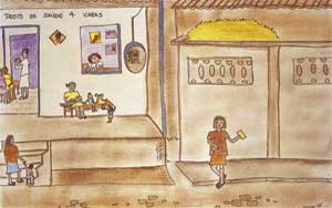 Este desenho mostra mulheres com crianças no interior de um estabelecimento semelhante a uma escola. Ao fundo, notam-se mais crianças em uma sala e uma mulher em pé, de frente para os pequenos.