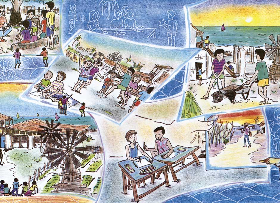 Este desenho em cores mostra seis cenas, como se fossem pedaços de papel afixados em um mural azul. No canto superior esquerdo, crianças reunidas embaixo de uma árvore olham para adulto sentado de frente para elas. Ainda à esquerda, agora embaixo, dois moinhos e uma casa próxima ao mar são observados por algumas pessoas. Ao centro, notam-se outros dois desenhos. O primeiro revela crianças brincando em grupos; no segundo, dois meninos estão sentados, vê-se papel sobre a mesa e lápis nas mãos. À direita, no canto superior, em primeiro plano, dois meninos lidam com um carrinho de mão carregado de areia. Ao fundo desse mesmo desenho há mais pessoas em uma casa de frente para o mar. A última ilustração apresenta um homem caminhando em estrada de chão. Percebe-se que ele carrega uma enxada no ombro.