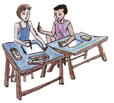 Este desenho em cores revela dois garotos lidando com papel e lápis sobre duas mesas. Percebe-se que o menino mais à esquerda escreve ou desenha algo na folha, enquanto seu colega apenas o observa. Nota-se também que sobre o fundo branco da imagem há um leve traçado ilustrando uma teia.